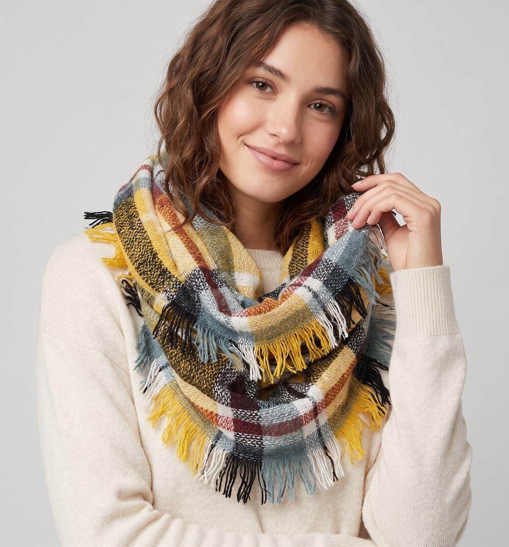Funky Monkey 12" x 29" Infinity Scarf Yellow Gray Plaid Fringe